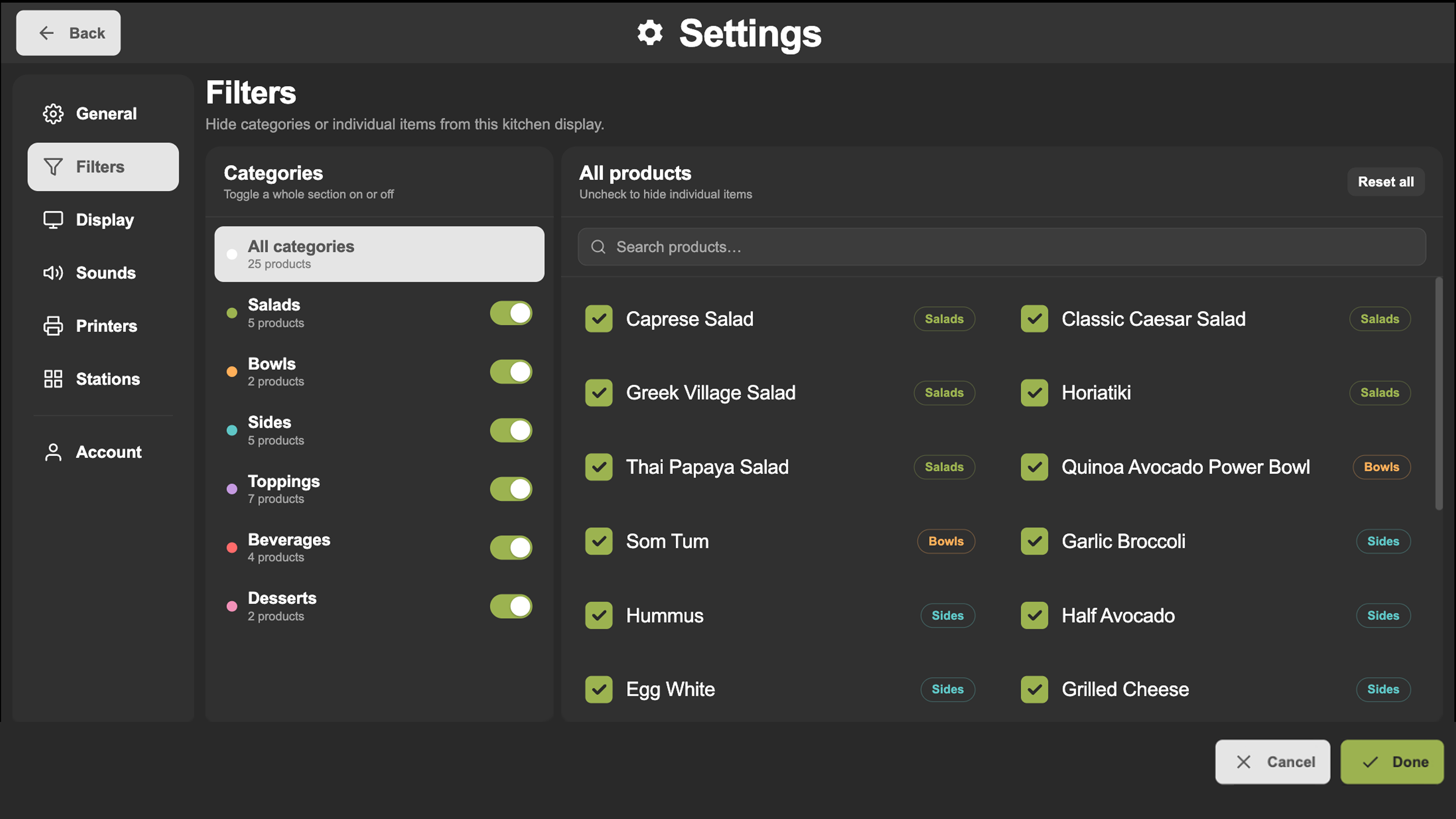 KDS settings: filters by category and product