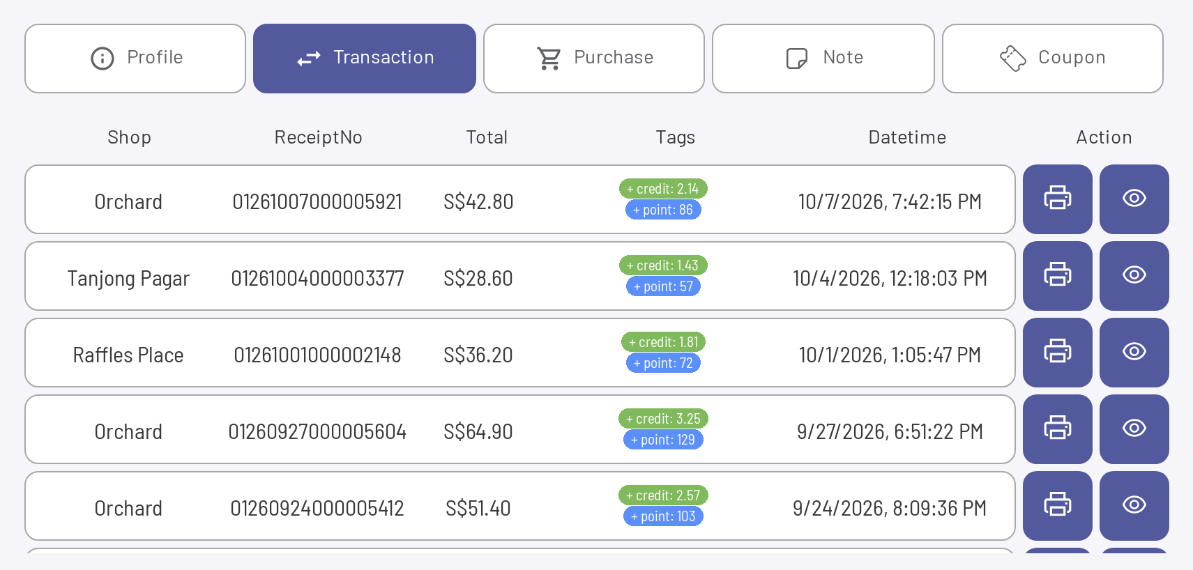 Transactions with credit and points tags