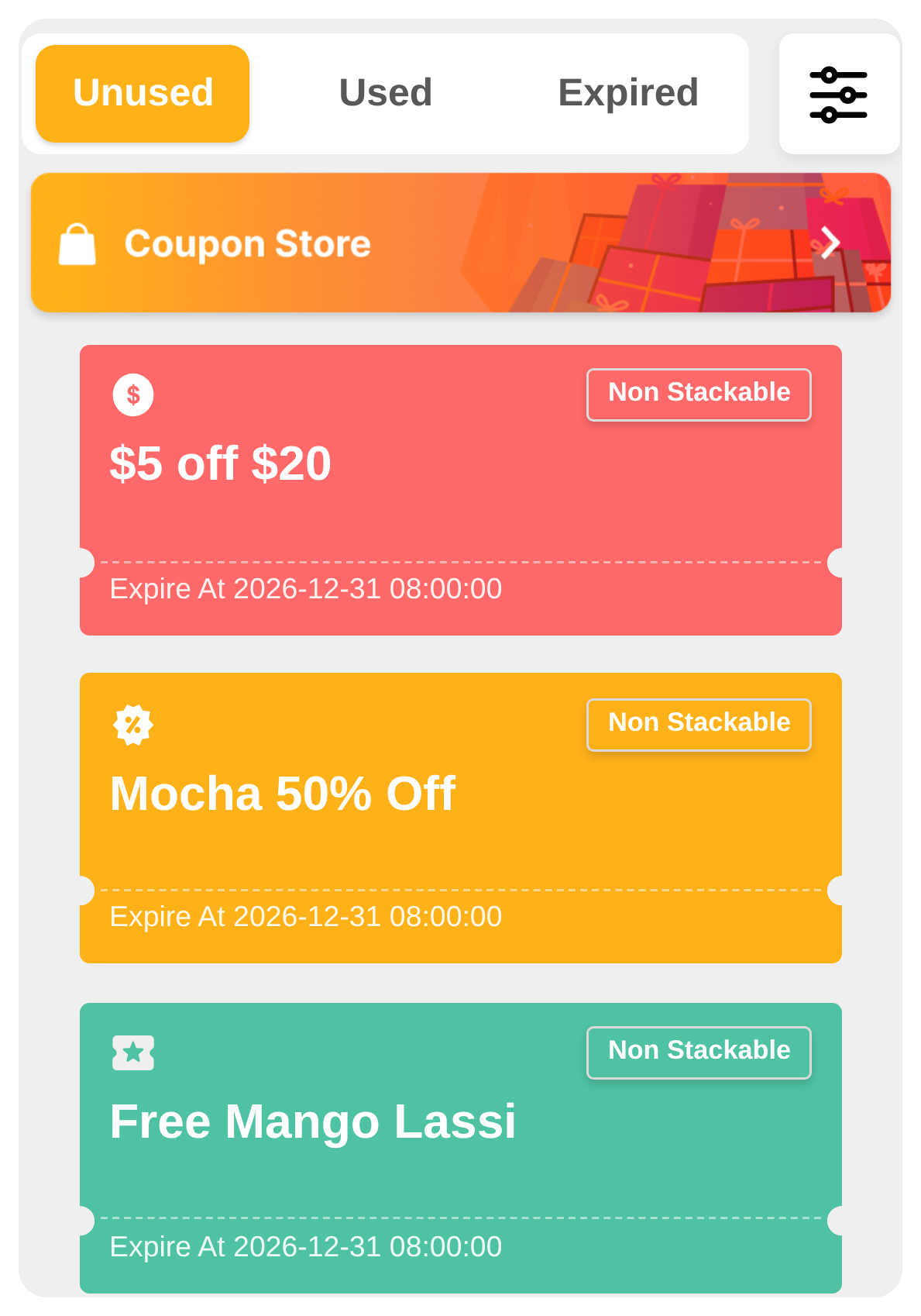 Unused, Used and Expired tabs, Coupon Store banner and coupon cards
