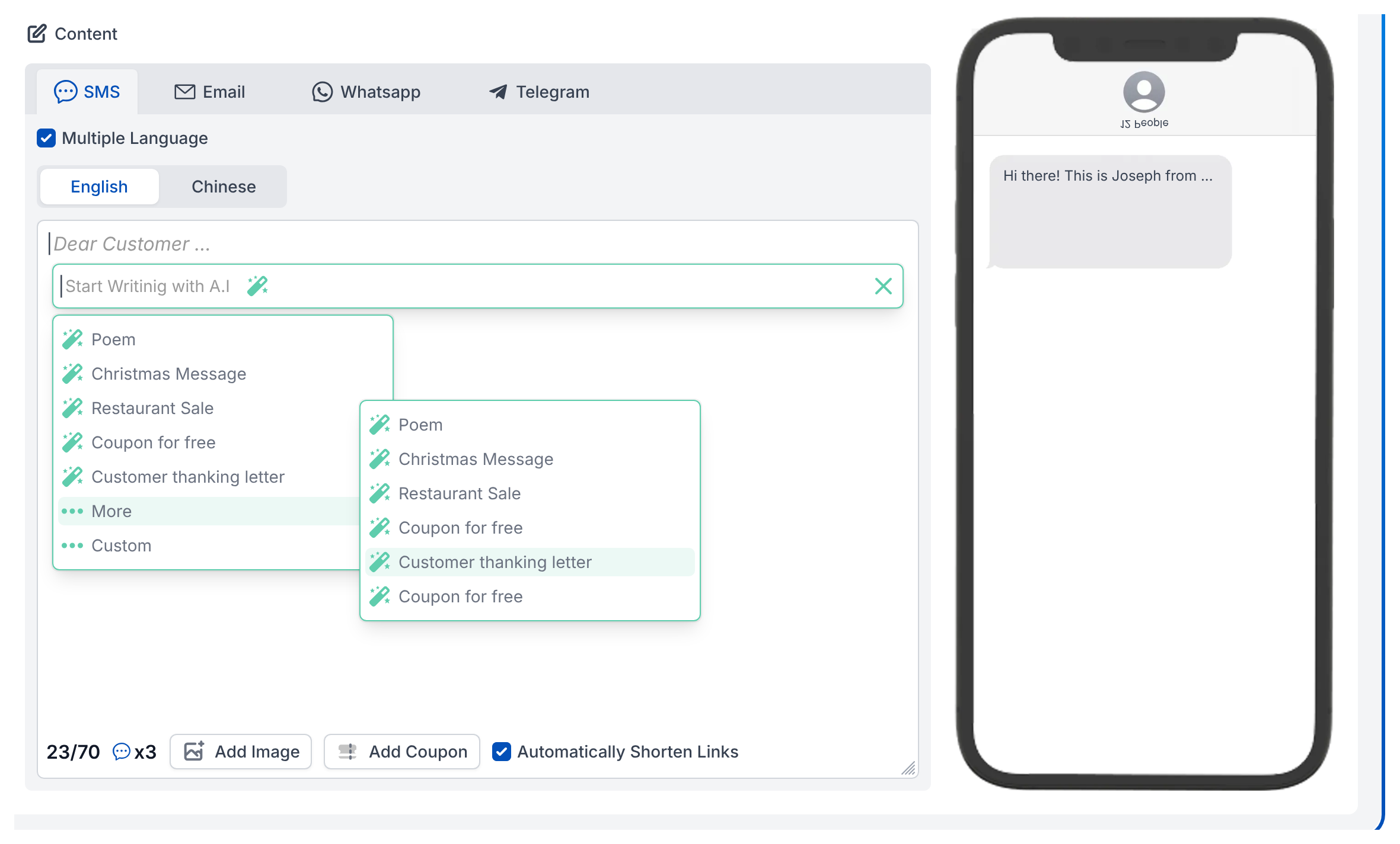 Campaign composer with SMS, Email and WhatsApp